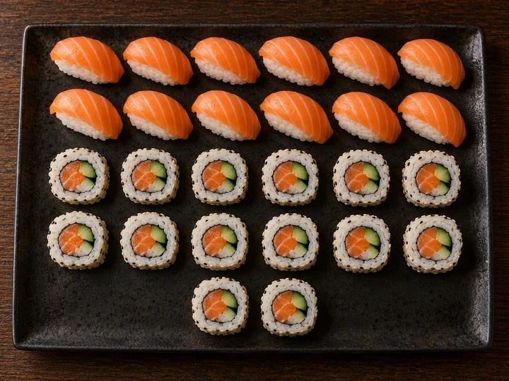 Ilustração com 26 peças de sushi.