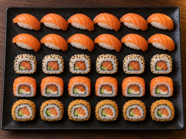 Ilustração com 30 peças de sushi.