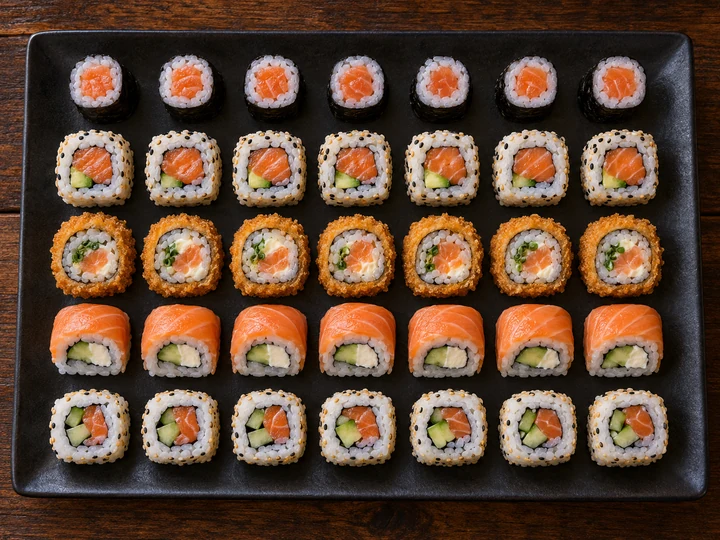 Ilustração com 35 peças de sushi.